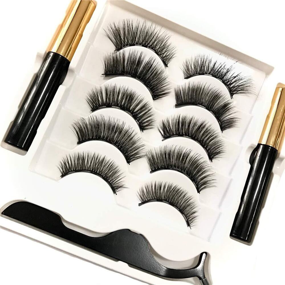 [5 Pairs] Magnetic 5 D Eyelashes and Eyeliner Kit, Reusable